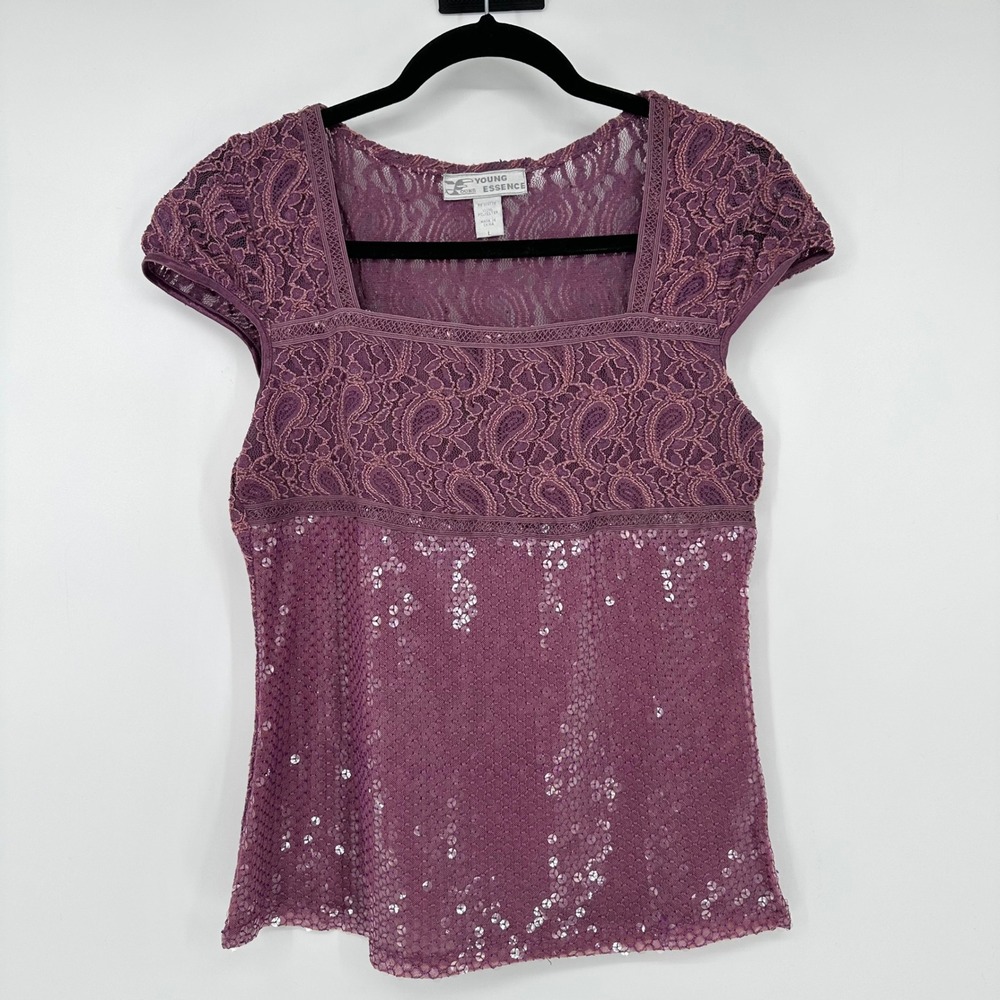Y2K Young Essence Purple Paisley Lace Sequin Cap Sleeve Top Whimsy Colorful Boho